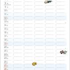 Kalender für Dezember, Tage nummeriert. Illustrationen: Adventskerzen, Geschenke, Weihnachtsbaum, Kirche unten.