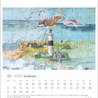 Kalenderblatt für Dezember 2027. Illustration eines Leuchtturms an der Küste, mit Boot im Meer und Möwen im Himmel.