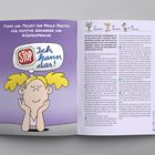Links oben: „Tipps und Tricks von Paula Positiv für positive Gedanken und Körpersprache“. Illustration eines Mädchens mit Denkblase "STOP Ich kann das!". Rechts: Text über Selbstgespräche und Affirmationen mit Figuren Paula Positiv, Mona Mutig, Carlos Cool am Rand.