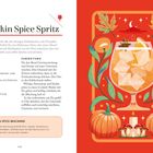 "Pumpkin Spice Spritz" Rezept mit Zutaten: Whisky, Ahornsirup, Kürbispüree, Zitrusfrüchte. Illustration mit Herbstmotiven.