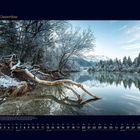 12 Dezember. Schneebedeckte Bäume am See, stilles Wasser, spiegelnde Landschaft. Kalender mit Datum unten.