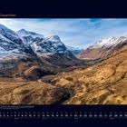 12 Dezember; Kalender mit schneebedeckten Bergen und Tal; eine Straße schlängelt sich hindurch.