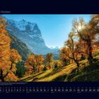 "10 Oktober" oben links. Herbstliche Landschaft mit goldenen Bäumen, Berg im Hintergrund, sonnig.