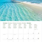 Kalender für Oktober: Montag bis Sonntag in mehreren Sprachen. Strahlender Strand mit Palmen und klarem Wasser.
