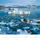 Text: "Jökulsárlón, Vatnajökull National Park, Austurland." Vordergrund: Schwimmende Eisberge auf einem blauen See.