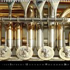 Kalenderillustration für Dezember, nahes Detail einer glänzenden Blechblasinstrumentenmechanik.