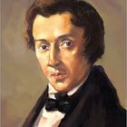 „Frédéric Chopin, 1810 - 1849“. Ein Gemälde eines Mannes mit dunklem Haar und einem schwarzen Anzug.
