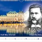 Text: "Strauss-Stadt Wien, Österreich", "Strauss City Vienna, Austria". Kalendermonat Dezember. Illustration von Johann Strauss vor dem Belvedere.