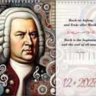 Illustration mit Text: „Bach ist Anfang und Ende aller Musik. Bach is the beginning and the end of all music.” Porträt von Bach.