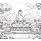 Eine Illustration zeigt eine Buddha-Statue sitzend auf einem Podest, umgeben von Bäumen und Bergen.