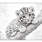 Illustration eines jungen Leoparden, der auf einem Ast liegt. Umgeben von Blättern, schaut der verspielte Welpe neugierig.