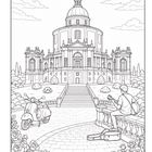 Illustration: Ein Paar vor einer beeindruckenden, verzierten Kathedrale mit fünf Kuppeln und vielen Türmen, umgeben von Tauben.