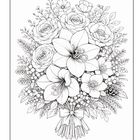 Schwarz-weiße Illustration eines Blumenstraußes mit Lilien, Rosen und Beeren. Verziert mit einer Schleife.