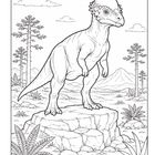 Illustration eines Dinosauriers mit gewölbtem Schädel auf einem Felsen, umgeben von Urzeitpflanzen und Palmen.