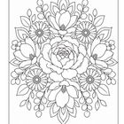 Eine detaillierte Illustration zeigt ein symmetrisches Blumenmuster mit Blüten und Blättern.