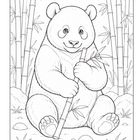 Ein niedlicher Panda-Bär sitzt und hält Bambusstöcke, umgeben von Bambuspflanzen und Steinen. Eine kinderfreundliche Illustration.