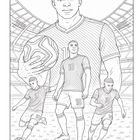 Nummer 10 mehrmals abgebildet, junger Mann in Fußballtrikot mit Ball in Stadion. Illustration eines dynamischen Fußballmoments.
