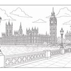 Umrisszeichnung des Parlamentsgebäudes und Big Ben in London, Fluss im Vordergrund, Lampen und Wolken am Himmel.