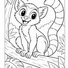 Ein fröhlicher Lemur sitzt auf einem Ast, umgeben von Blättern und anderen Pflanzen. Einfache Linienzeichnung.