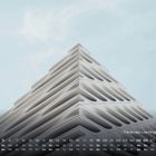 Kalender mit Datum unten, oben pyramidenartige moderne Architektur, Text: "The Broad, Los Angeles, USA 12".