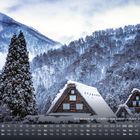 "Shirakawa-go – traditionelle Gassh-Häuser im Schnee 12." Schnee bedeckt dreieckige Häuser, flankiert von hohen, verschneiten Bäumen.