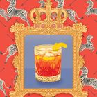 Ein golden gerahmtes Glas mit Eis und Zitrone auf rotem Hintergrund mit Zebras und Pfeilen.