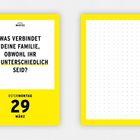 "Was verbindet deine Familie, obwohl ihr so unterschiedlich seid?" steht oben. Unten: "Ostermontag, 29 März". Links gelber Rahmen.