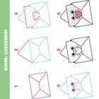 "DINGE: LIEBESBRIEF" links. Abfolge zum Zeichnen eines Liebesbriefs mit Gesichtern in Umschlägen, nummeriert von 1 bis 6.