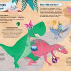 BABYSITTERS: Finding a carer. Tyrannosaurus Rex, Oviraptor, Majungasaurus, Maiasaura. Illustrationen von Dinosauriern in bunten Farben.