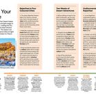 **Texte:** "Plan Your Time", "Rajasthan in Four Coloured Cities", "Two Weeks of Desert Adventures", "Undiscovered Rajasthan", "Seasonal Highlights".

**Beschreibung:** Eine strukturierte Seite mit Reisevorschlägen und Tipps für Rajasthan, inklusive farbiger Abschnitte und einem Foto einer Stadt.