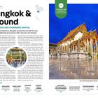 Links Text über Bangkok, rechts ein beleuchteter Tempel bei blauem Himmel. Texte über Sehenswürdigkeiten und Tipps.