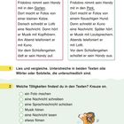 Titel: Was macht Fridolino mit dem Handy? Zwei Texte vergleichen Aktivitäten im Garten und Park. Unten Aufgaben zum Ankreuzen. Rechts unten ist eine Illustration von einem Lama mit Kopfhörern.