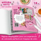 Texte: "Share your beautiful artwork", "14+", "Hikaru Kotz", "Páginas desplegables..."

Illustration: Malbuch mit Stiften und Tee.
