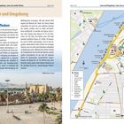Text: "Luxor und Umgebung", "Luxor, das antike Theben". Links: ein historischer Tempel mit Palmen und Bergen im Hintergrund. Rechts: eine Landkarte der Region mit markierten Hotels und Restaurants.