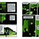 Texte beschreiben Gespräche und Gedanken über Isolation, Begegnungen und eine Person in Uniform. Dunkelgrüne Farbgebung mit Illustrationen von Soldaten und Gebäuden.