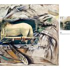 Texte: "White", "Über", "Acryl/Mischtechnik auf Leinwand". Kunstwerk mit surrealen Formen, zentraler weißer Figur.
