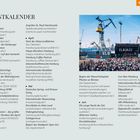 EVENTKALENDER. Januar: Neujahrskonzert. April: Start der Alsterrundfahrten. Juni: Die Lange Nacht der Zeit. Rechts: eine Musikbühne im Freien mit "ELBJAZZ" Banner, Menschenmenge, Kräne im Hintergrund.