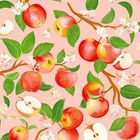 Illustration von Ästen mit roten Äpfeln, grünen Blättern und rosa Blüten auf blassrosa Hintergrund.