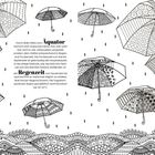 Äquator, Regenzeit. Illustrationen von Regenschirmen mit Mustern und Wellenlinien im Hintergrund.