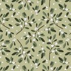 Ein nahtloses Muster mit grünen Zweigen und weißen Beeren auf hellgrünem Hintergrund.