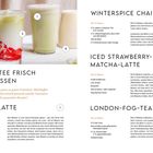 Vier Rezepte beschrieben: Matcha Latte, Winterspice Chai Latte, Iced Strawberry-Matcha-Latte, London-Fog-Tea. Vier Getränke abgebildet.