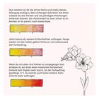 Drei Anleitungen mit farbigen Rechtecken zeigen Farbverläufe von Gelb zu Rot. Rechts eine gezeichnete Blume.