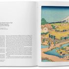 "Fuji von der Teeplantage von Katakura in der Provinz Suruga aus gesehen" steht über einem farbenfrohen Landschaftsgemälde.