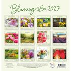 "Blumengrüße 2027" Kalender mit Monatsbildern: Blumenarrangements und Bibelverszitate, darunter Kontaktinfos des Verlags.