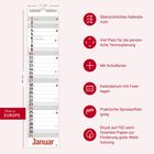 Ein Wandkalender für Januar mit übersichtlichem Kalendarium, Platz für Termine, Schulferien, Feiertagen und Spiralaufhängung.