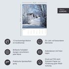 "Made in Europe." Kalender mit Winterlandschaft, Spiralaufhängung. Texte heben Druckqualität und Designmerkmale hervor.