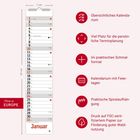 Kalender: Januar, 31 Tage, Platz für Termine. Text: Übersichtlich, schmal, mit Feiertagen. Hergestellt in Europa.