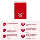 Textdetails: 

- "Stabiles Hardcover mit Spiralbindung"
- "Jede Woche eine farbige Illustration oder ein lustiger Comic-Strip"
- "Großzügiges Wochenkalendarium mit viel Platz für die persönliche Planung"
- "Mit herausnehmbarem Lineal und Einstecktasche"
- "Mit Jahresübersichten, Schulferien, Stundenplänen, Info- und Notizseiten"
- "Namen über dem Kalendarium müssen nur einmal fürs ganze Jahr eingetragen werden"

Oben eine Illustration: rote Spiralbindung, auf Vorderseite Comic-Figuren mit "PEANUTS Familienplaner 2027".