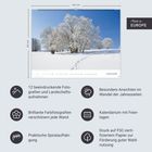 "Made in Europe", "Januar", 12 Fotos mit Landschaften, Spiralaufhängung, FSC-Papier, Kalendarien. Baum im Schnee, blauer Himmel.
