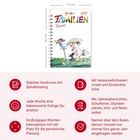 Text oben: "FAMILIEN Planer 2027". Spiralgebundener Kalender mit fröhlicher Tierillustration. Funktionen unten beschrieben.